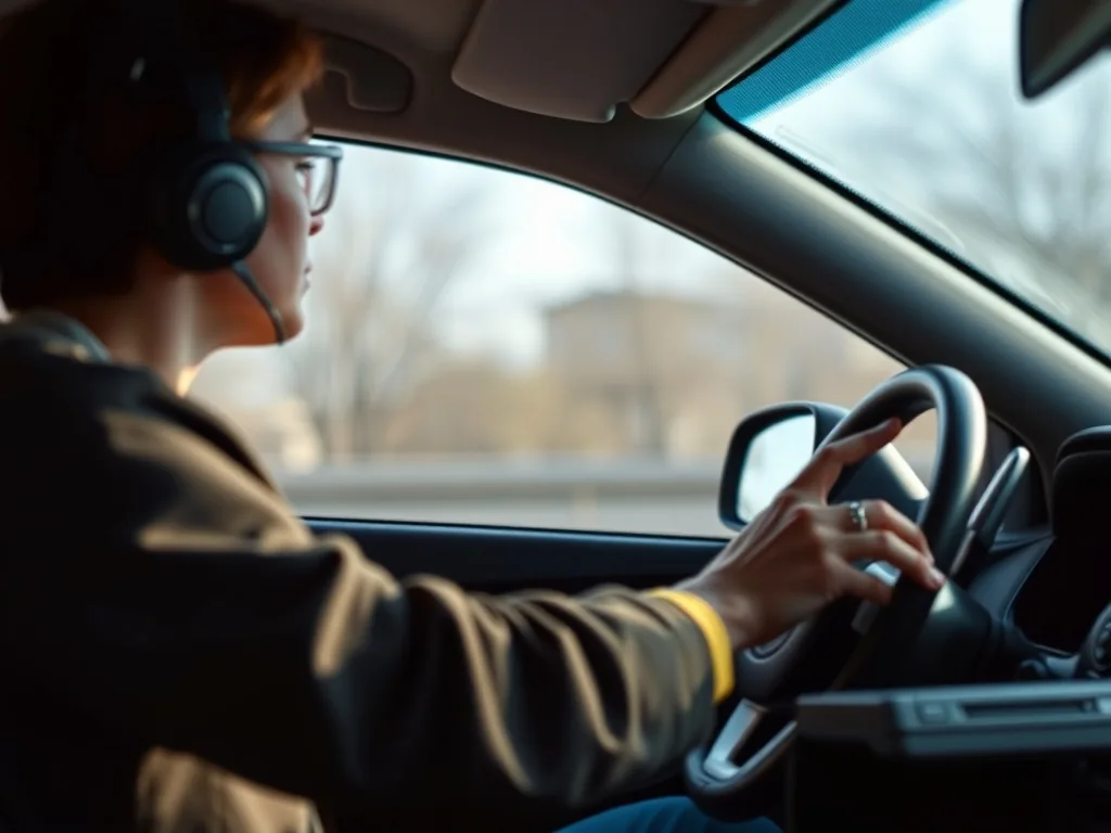 Un élève derrière le volant d'une voiture auto-école, le moniteur à côté prenant des notes, tableau de bord et rétroviseurs