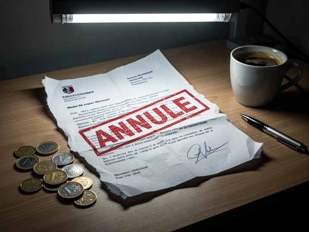 A torn official letter with a large red 'ANNULE' stamp, resting on a wooden desk beside scattered euro coins, a coffee c