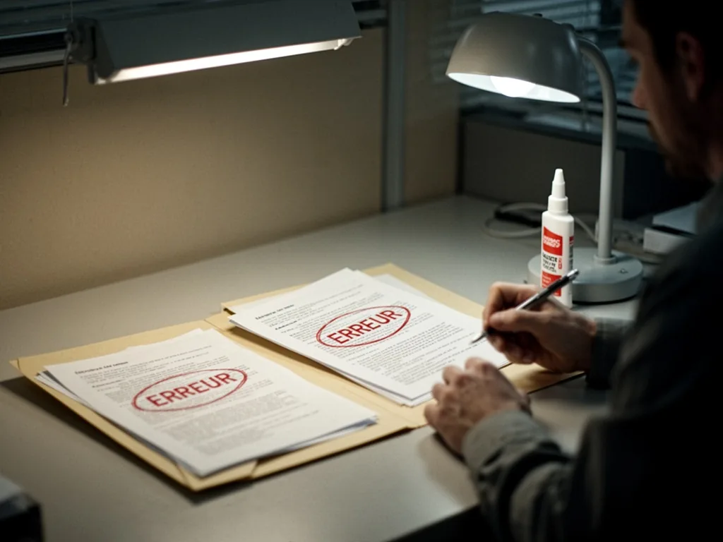 A manila folder open on a desk, papers with red circles around 'ERREUR' text, a person's blurred hand holding a pen, sof