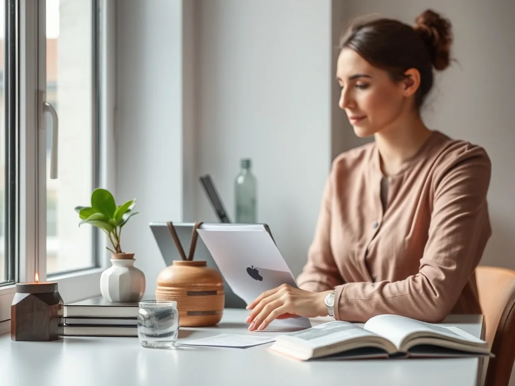 Femme assise à un bureau clair, consultante devant un écran, discutant avec un interlocuteur hors-champ, un dossier ouvert