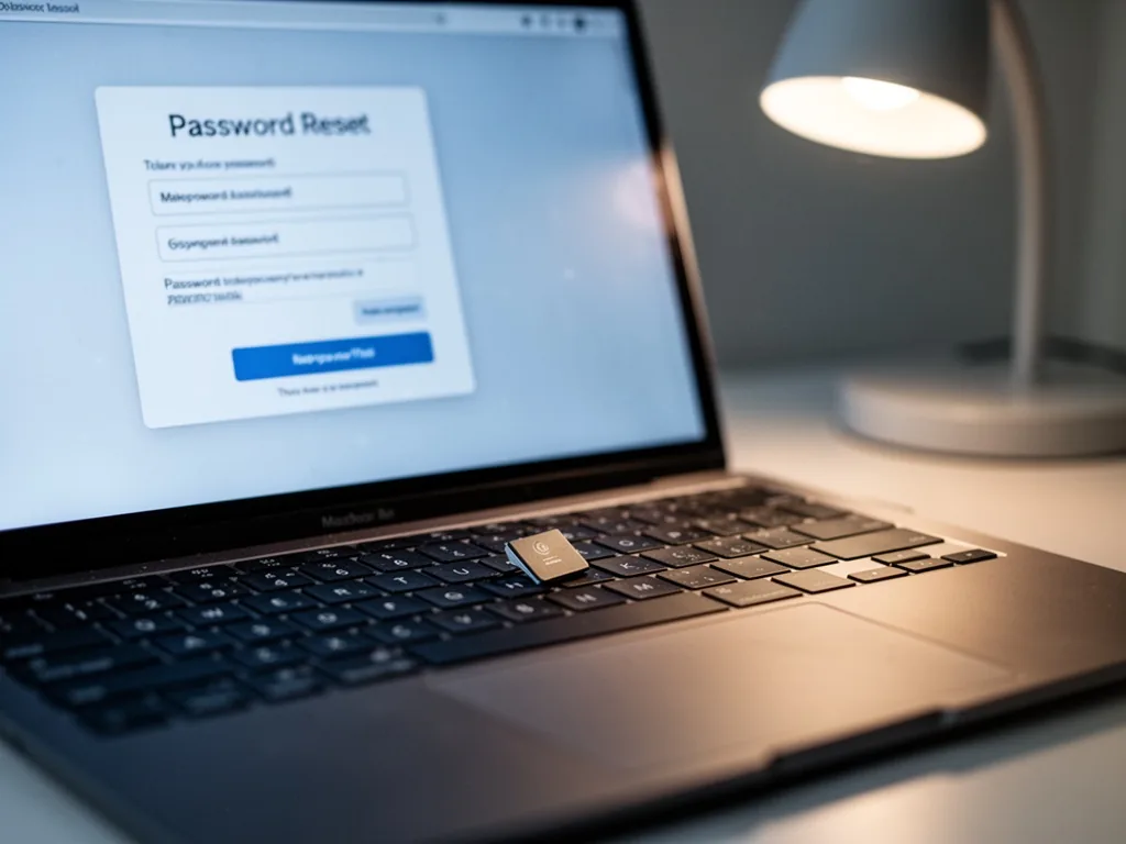 A close-up of a laptop keyboard with a single keycap slightly raised, glowing screen showing a password reset form, soft