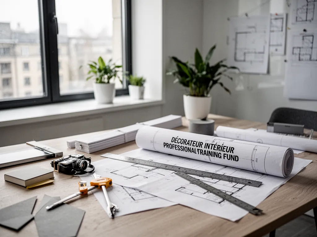 Un plan de décoration intérieure étalé sur une table, nuancier, mètre ruban et écran d'ordinateur affichant un logiciel de
