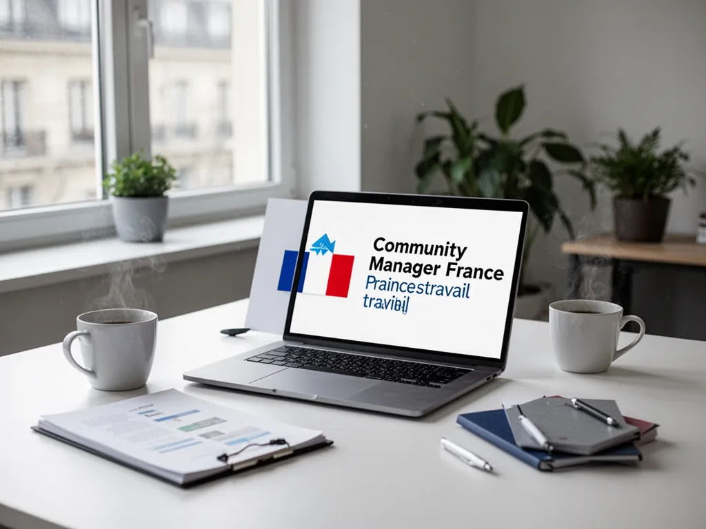 Un bureau avec un ordinateur portable affichant un tableau de bord de réseaux sociaux, un carnet de notes ouvert, et une