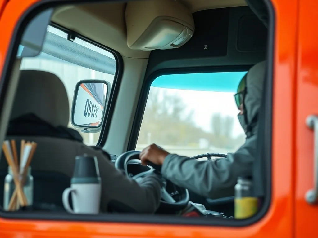Un formateur en gilet jaune montre le tableau de bord d'un camion à un élève, carnet de notes et plan de formation posés sur