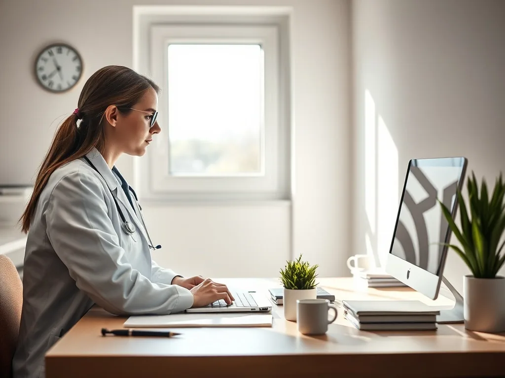 Un bureau médical avec un ordinateur, un stéthoscope et des dossiers patients, évoquant le quotidien d'une secrétaire