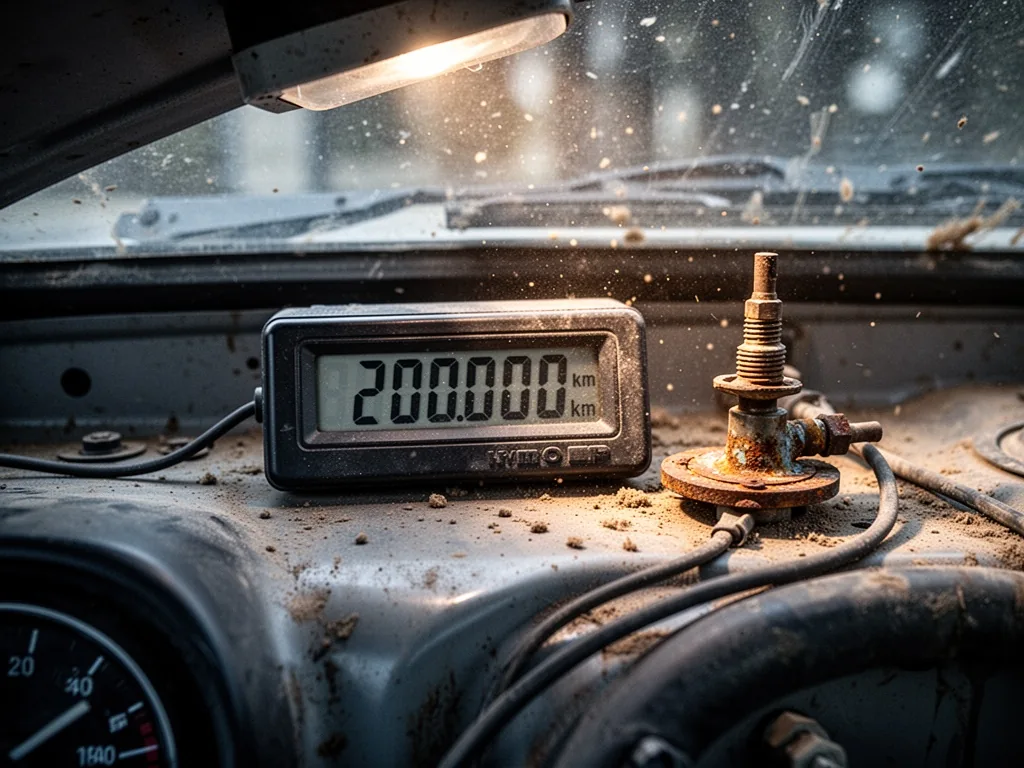 A high-mileage digital odometer displaying 200,000 km on a dusty dashboard, a corroded engine valve beside it, dappled s