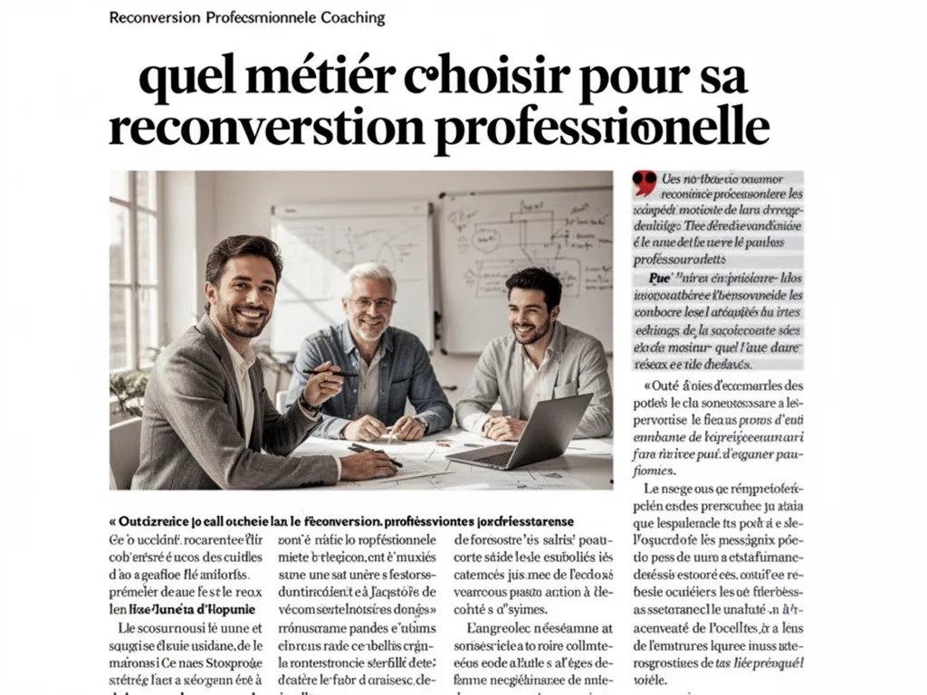 Table de travail avec des fiches métiers, un ordinateur, des notes manuscrites et une tasse de café, sous une lumière de fin